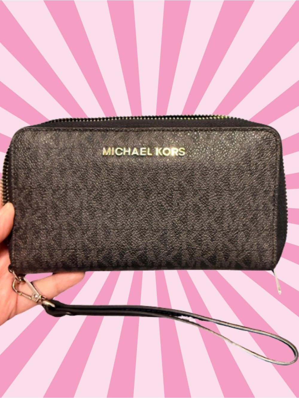 Michael Kors Zip Around Wristlet Wallet Black Gold Hardware Logo Canvas Preowned